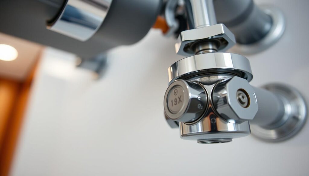 A close-up view of a main water valve in a residential apartment, captured in a well-lit, high-resolution photograph. The valve is made of polished chrome, its shiny surface reflecting the surrounding environment. The valve is positioned prominently in the frame, occupying the central foreground, with a clean, uncluttered background allowing the viewer to focus on the intricate details of the valve's mechanism. The lighting is natural and even, highlighting the valve's form and texture. The perspective is slightly elevated, giving the viewer a sense of the valve's importance and functionality within the plumbing system of the apartment.
