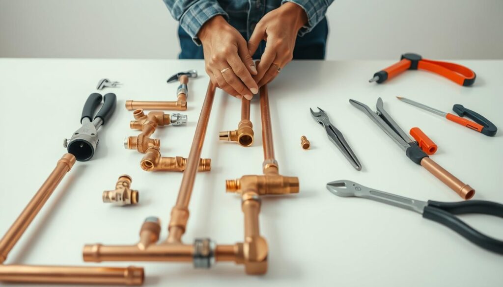 A close-up view of a person's hands preparing a home heating system installation. In the foreground, the hands carefully arrange copper pipes, valves, and fittings on a clean, well-lit workbench. The middle ground features various tools, including a wrench, pliers, and a soldering iron, neatly organized and ready for use. The background depicts a neutral, uncluttered space, allowing the viewer to focus on the intricate details of the heating system components. The lighting is soft and diffused, creating a calm, professional atmosphere suitable for a home improvement task. The overall scene conveys a sense of precision, attention to detail, and preparedness for the upcoming heating system installation.