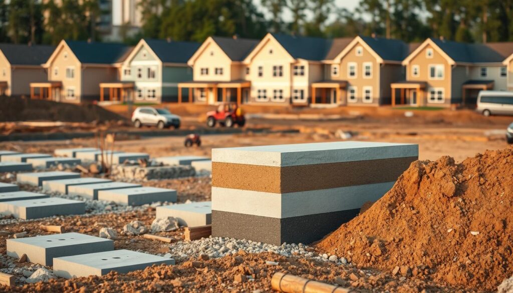 A construction site with various types of foundations laid out in the foreground, showcasing the diverse options for building a sturdy structure. In the middle ground, a cross-section of a concrete foundation, highlighting its internal structure and the different grades of concrete used. In the background, a row of newly constructed homes, demonstrating how the choice of foundation affects the overall quality and longevity of the building. The scene is illuminated by warm, natural lighting, creating a sense of depth and emphasizing the textures and details of the materials. The image conveys the importance of understanding the relationship between foundation types and the selection of appropriate concrete for a successful construction project.