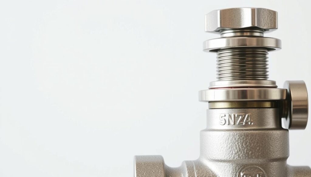 A detailed close-up view of a heating system's drain valve, showcasing its intricate metallic construction and functional design. The valve is positioned in the foreground, with a clean, neutral background that emphasizes its technical purpose. Crisp lighting highlights the valve's polished surfaces, conveying a sense of precision and engineering. The image is captured from a slightly elevated angle, providing a clear, unobstructed view of the valve's key components, such as the handle, threads, and sealing mechanisms. The overall mood is one of technical precision and functional utility, perfectly suited to illustrate the section on locating shutoff and air-release valves in a heating system installation guide.