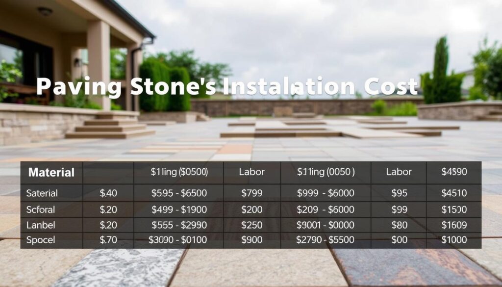 A detailed comparison of paving stone installation costs, showcasing the material and labor expenses side-by-side. The scene depicts a well-lit outdoor setting, with a meticulously arranged display of various paving stone types and finishes. The foreground features a grid-like layout highlighting the cost breakdowns, while the middle ground showcases the paving stones in natural lighting, allowing viewers to appreciate the textures and patterns. The background subtly blends in natural elements like greenery and a cloudy sky, creating a balanced and visually appealing composition that reflects the informative nature of the subject matter.
