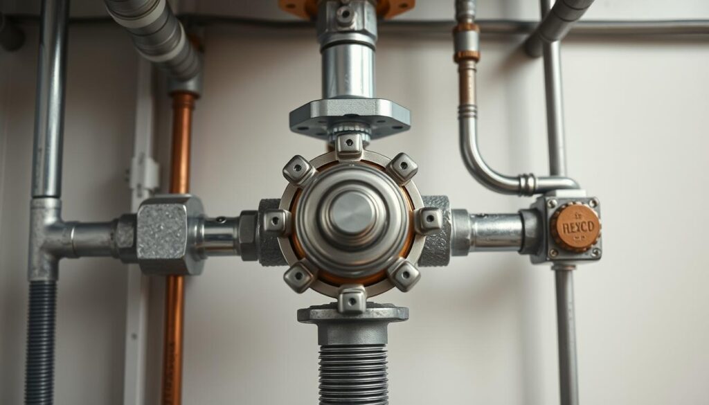 A detailed, high-resolution image of the main water shutoff valve in a residential building. The valve is positioned prominently in the center of the frame, illuminated by soft, diffused lighting from above. The valve's metal surface gleams, surrounded by a neatly organized arrangement of pipes, fittings, and support structures. The background is clean and minimalist, providing a clear focus on the valve and its immediate environment. The composition emphasizes the valve's importance and accessibility, conveying a sense of functionality and technical precision.