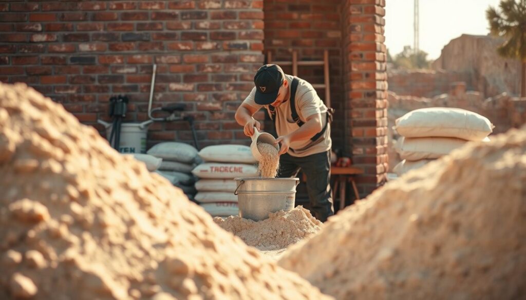 A meticulous construction site with piles of sand and cement bags in the foreground. In the middle ground, a worker meticulously scoops sand into a bucket, carefully measuring the amount. The background features a partially constructed brick wall, with the worker's tools and equipment neatly organized. The scene is bathed in warm, natural lighting, casting shadows that highlight the textures of the materials. The overall atmosphere conveys a sense of precision, efficiency, and the careful attention to detail required for proper cement-to-sand ratios in masonry work.