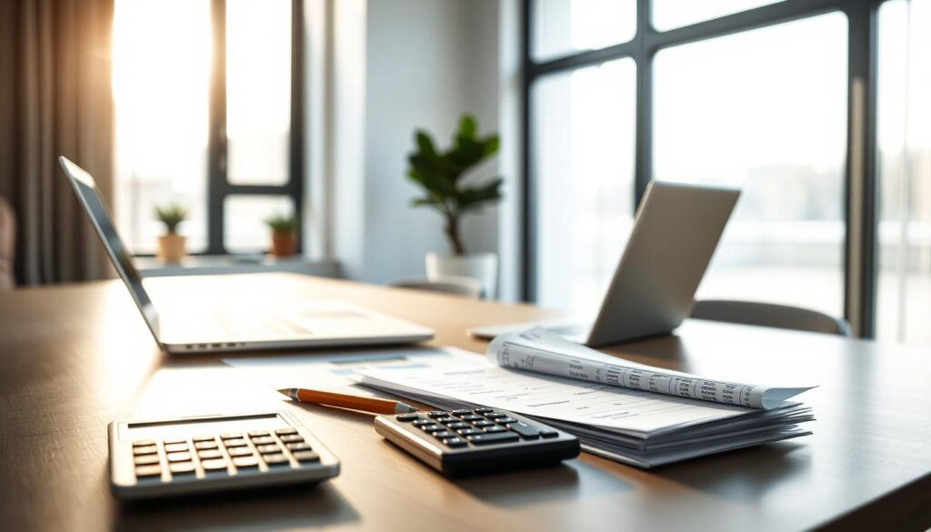 A modern, minimalist interior with a desk, laptop, and expense documents spread out, illuminated by soft, diffused natural light filtering through large windows. The foreground features a calculator, pencil, and stack of receipts, conveying a sense of financial analysis. The middle ground showcases a plant and decor elements that create a warm, professional atmosphere. The background blurs into a muted, neutral palette, allowing the key elements to take center stage. The composition and lighting evoke a thoughtful, analytical mood suitable for illustrating the "Analiza: remont mieszkania 40m koszt - od czego zależy" section.
