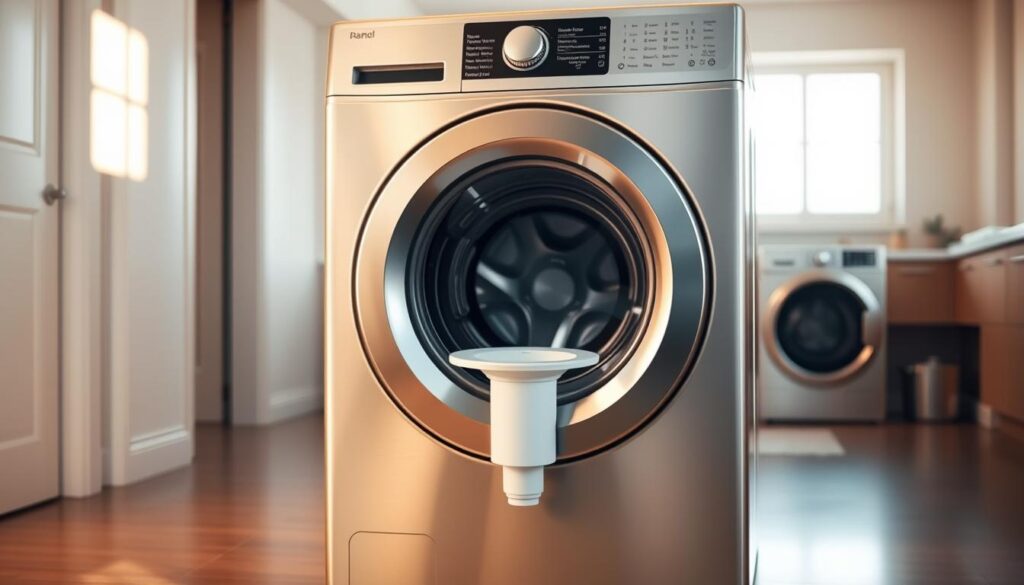 A modern washing machine with a sleek, minimalist design, featuring a front-loading drum and a prominent drainage system without a traditional syphon. The machine is placed in a clean, well-lit laundry room, with warm, natural lighting reflecting off the polished, stainless-steel surface. The overall atmosphere conveys a sense of efficiency, practicality, and a focus on functional design. The image highlights the machine's key feature - the drainage system without a syphon, which is the central focus, showcasing its clean, unobstructed drainage solution.