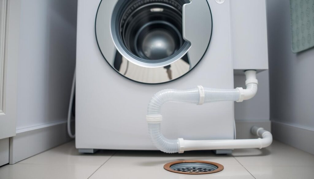 A neatly organized household laundry room with a washing machine and a clear, well-designed drainage system. The drainage pipe extends from the machine, leading the water through a series of gentle bends and turns, guiding it smoothly into a floor drain or sewer connection. Soft, diffused lighting illuminates the scene, accentuating the clean, functional lines of the drainage setup. The image conveys a sense of order, efficiency, and attention to proper plumbing practices, reflecting the care and consideration put into the installation.