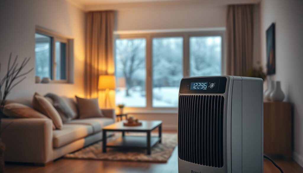 A peaceful domestic interior scene, bathed in warm, soft lighting. In the foreground, a cozy living room with a modern gas-powered heating unit, its digital display showing a constant temperature setting. Plush furnishings and ambient lighting create a comforting atmosphere, inviting the viewer to imagine the comfort of a well-regulated indoor climate. In the middle ground, a large window offers a glimpse of a snowy, winter landscape outside, emphasizing the insulation and temperature control within. The background features minimal, clean-lined decor, allowing the focal point of the heating unit to take center stage. An overall sense of efficiency, energy conservation, and domestic tranquility pervades the image.