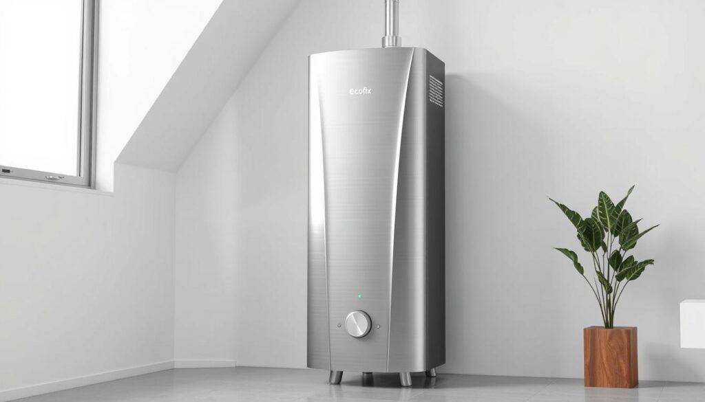 A sleek, modern 50L water heater, the Ecofix, stands prominently in a bright, well-lit room. Its smooth, brushed metal exterior gleams, complemented by precise, geometric lines that convey a sense of efficient engineering. Surrounded by a minimalist, contemporary interior, the Ecofix is the focal point, its safety features and energy-saving capabilities evident in its clean, uncluttered design. The image captures the essence of the water heater's functionality and reliability, inviting the viewer to appreciate its thoughtful integration of form and function.
