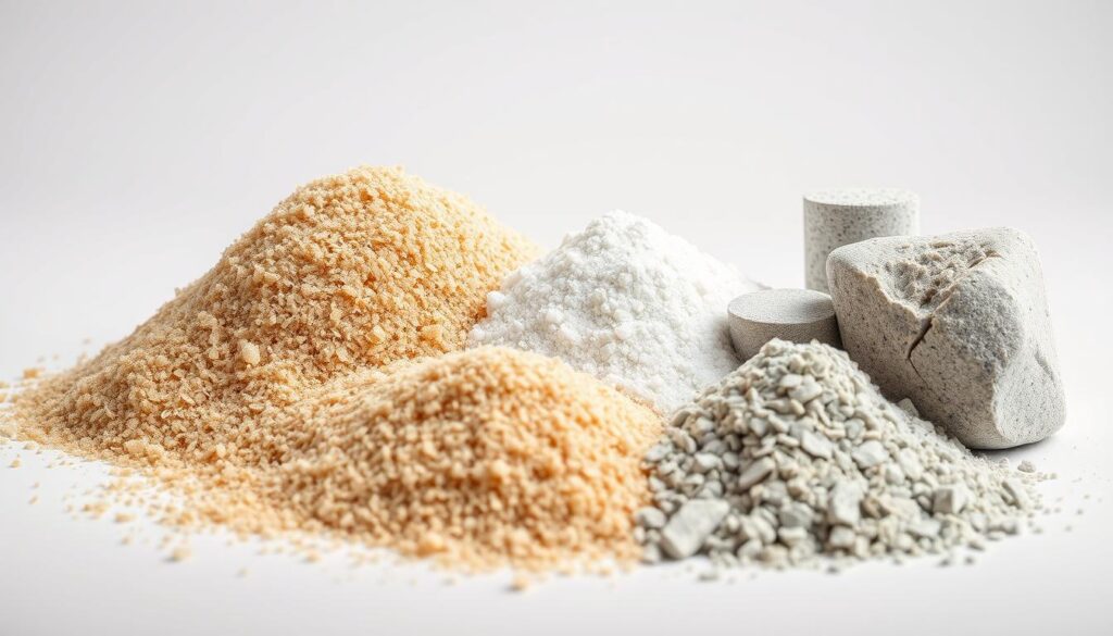 A well-lit, high-resolution image showcasing the key ingredients of masonry mortar: a variety of sand grains of different sizes and textures, and several types of cement - from coarse Portland to fine-grained rapid-setting. The scene is set against a clean, neutral background, allowing the materials to take center stage. The composition emphasizes the diverse properties and roles these core components play in creating a durable, functional masonry mix. Captured at a slight angle to create depth and perspective, the image conveys a sense of careful study and technical precision befitting the "Kluczowe składniki zaprawy murarskiej" subject.