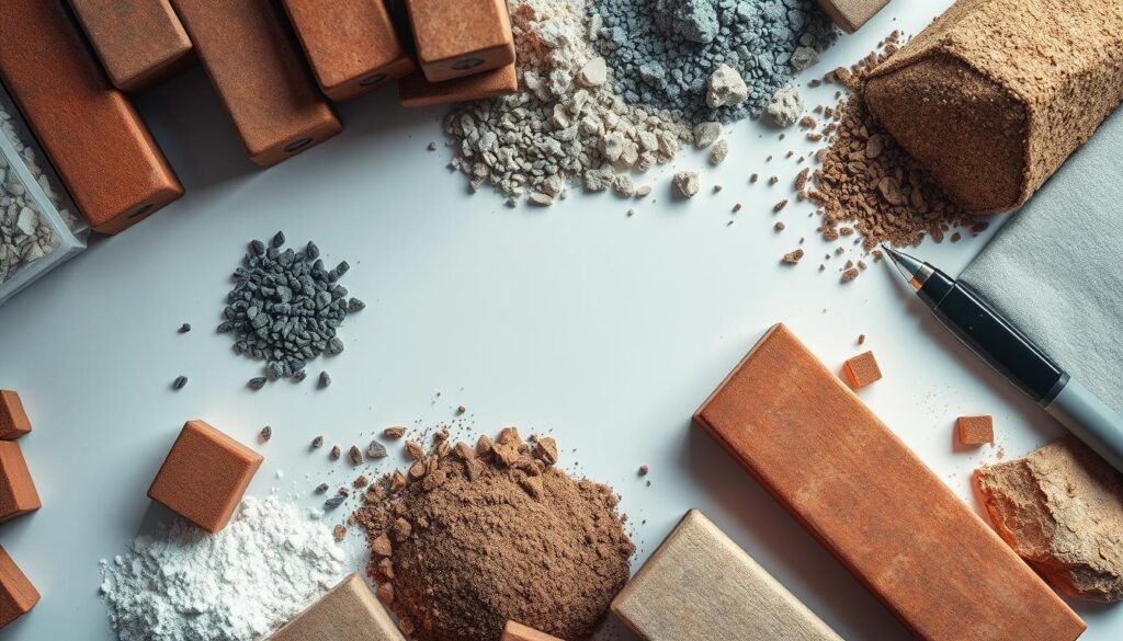 Detailed cost calculation of construction materials - an overhead view of a desk or table surface displaying an assortment of materials, including bricks, pavers, sand, gravel, and other building supplies. The scene is illuminated by soft, directional lighting, casting subtle shadows and highlights to accentuate the textures and forms of the materials. The overall composition is clean, organized, and visually appealing, conveying a sense of professional analysis and planning. The mood is one of careful consideration and attention to detail, reflecting the meticulous nature of the cost calculation process.