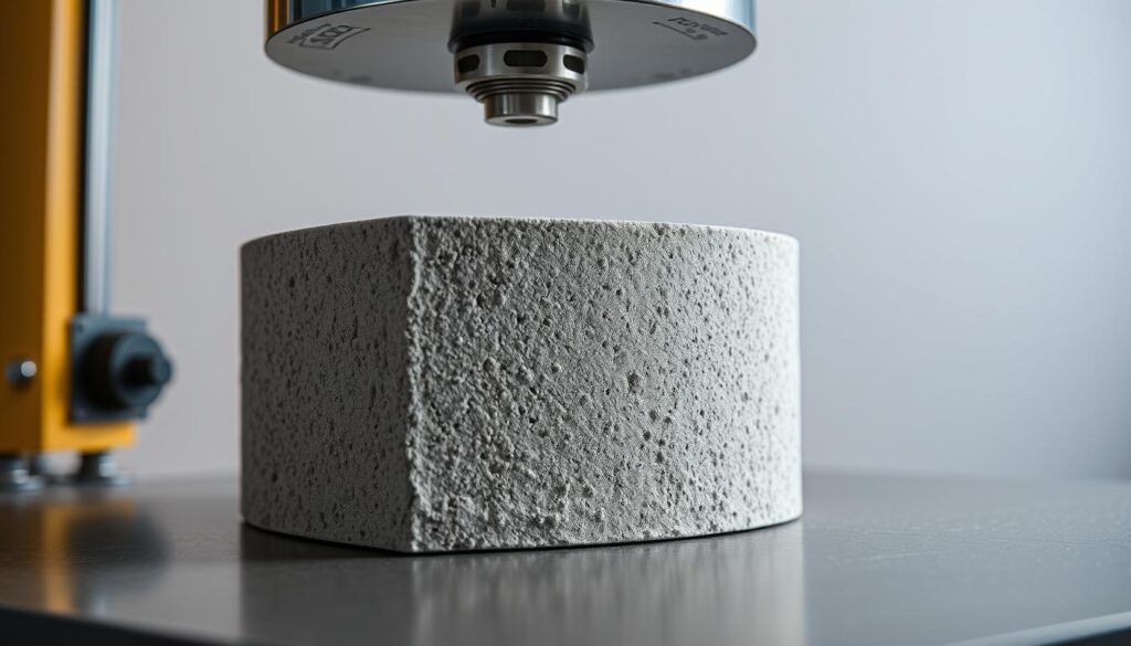 Detailed, high-quality close-up image of a concrete core sample undergoing compressive strength testing, shot with a professional-grade camera and high-quality lenses. The sample is positioned in the center of the frame, with a clean, minimalist background that emphasizes the texture and color of the concrete. Lighting is soft and diffused, revealing the granular structure and density of the material. The angle and perspective showcase the testing equipment and machinery, giving the viewer a sense of the technical and scientific nature of the process. The overall mood is one of precision, reliability, and the importance of concrete's compressive strength in construction and engineering applications.