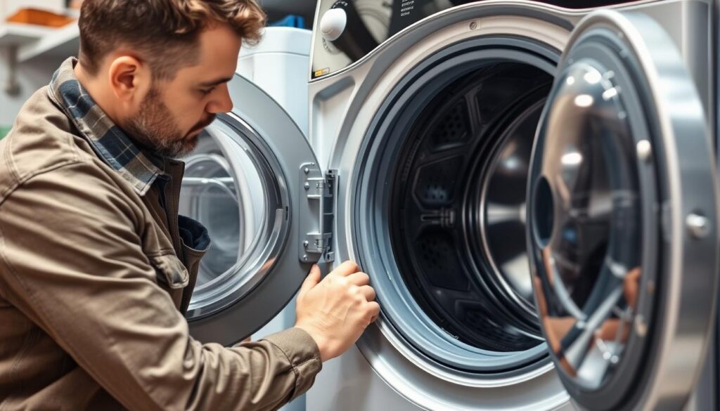 Technik serwisowy sprawdzający pralkę po czyszczeniu - czyszczenie pralki tabletkami do zmywarek Technik serwisowy sprawdzający pralkę po czyszczeniu - czyszczenie pralki tabletkami do zmywarek