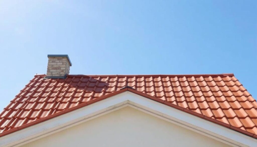 A bright, clearly-lit image of a residential roof, showcasing the roof pitch or angle (kąt nachylenia dachu). The roof should be depicted from a slightly elevated, three-quarter angle, allowing the viewer to clearly see the slope of the roof and understand the concept of roof pitch. The roof should have a traditional design, with clean, sharp lines and a harmonious color palette, perhaps in warm, earthy tones that complement the surrounding environment. The image should convey a sense of precision, technical understanding, and attention to architectural detail, aligning with the subject of the article's section on defining and understanding key concepts related to roof pitch and percentages.