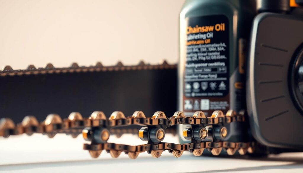 A close-up view of an electric chainsaw chain and its lubricating oil, set against a clean, neutral background. The foreground features the chain itself, with its intricate teeth and links glistening under warm, natural lighting. The middle ground showcases a transparent bottle of high-quality chainsaw oil, its label prominently displaying the key specifications and technical details. The background is a simple, soft-focused gradient that allows the primary subjects to stand out. The overall mood is one of precision, functionality, and technical expertise, reflecting the importance of selecting the right lubricating oil for an electric chainsaw.