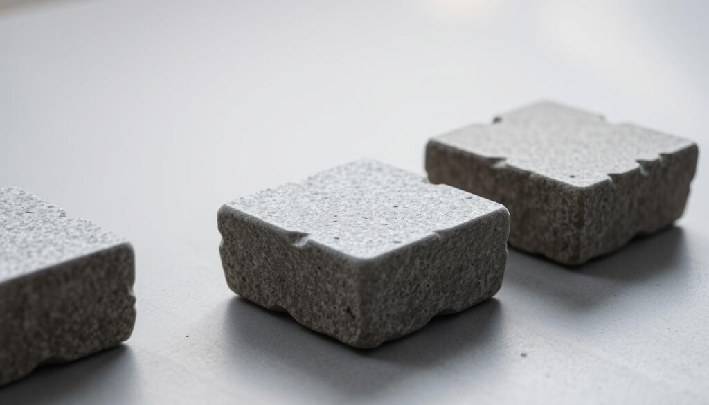 A close-up view of three distinct paving stones, each showcasing a unique thickness. The stones are positioned on a smooth, uniform surface, allowing their dimensional variances to be clearly observed. The lighting is soft and diffused, creating gentle shadows that accentuate the textural details of the stone surfaces. The image is captured at a slight angle, providing a slightly elevated perspective that emphasizes the tactile nature of the materials. The overall atmosphere is one of quiet contemplation, inviting the viewer to appreciate the nuances of these common construction elements.