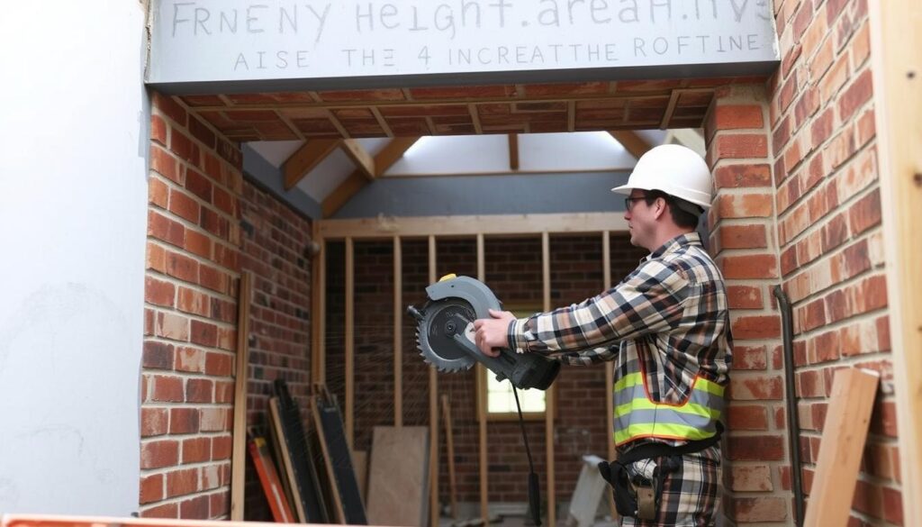 A construction worker carefully cuts through a brick wall with a power saw, creating an opening to increase the height of the roof above. The scene is set in a well-lit, contemporary worksite, with other tools and materials visible in the middle ground. The worker wears a hard hat and safety gear, focused intently on the task at hand. The background features a partially constructed wooden frame, hinting at the larger renovation project. The image conveys a sense of precision, progress, and the technical expertise required for this specialized wall-cutting technique to raise the roofline.
