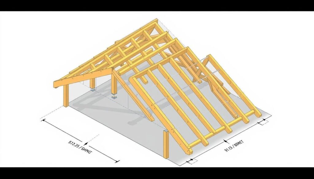 A detailed architectural diagram depicting the step-by-step construction of a classic two-gabled roof. Displayed in a technical isometric view, the illustration showcases the primary structural elements - rafters, trusses, sheathing - with precise measurements and angles. The composition features a neutral color palette of greys, browns, and blues, creating a technical, engineering-focused aesthetic. Crisp, clean lines and a tight, organized layout convey a sense of methodical planning and execution. Subtle highlights and shadows add depth, while an uncluttered background keeps the focus on the core design elements. An informative, instructional visual asset suitable for a step-by-step tutorial on constructing a two-slope roof.