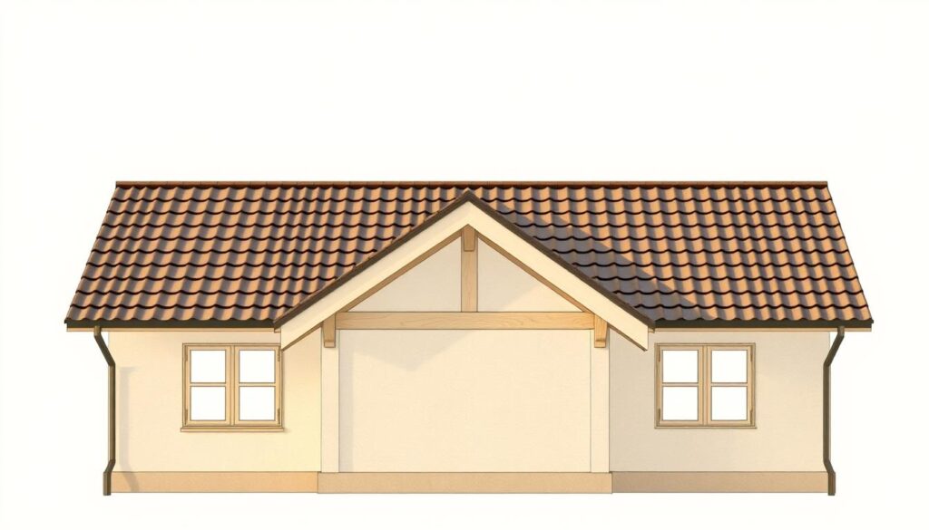 A detailed architectural rendering of a two-pitched roof, also known as a "rzut dachu dwuspadowego" in Polish. The roof is depicted in a technical front-view perspective, showcasing its key structural elements. Emphasis is placed on the symmetry of the gable ends, the intersecting ridges, and the angled roof planes. The image should convey a sense of precision, functionality, and technical prowess, reflecting the subject matter of the article's "Projekt dachu - kluczowe aspekty techniczne" section. Warm, diffused lighting illuminates the scene, casting subtle shadows that accentuate the roof's depth and geometry. The angle and framing should provide a clear, unobstructed view of the entire roof structure against a neutral background.