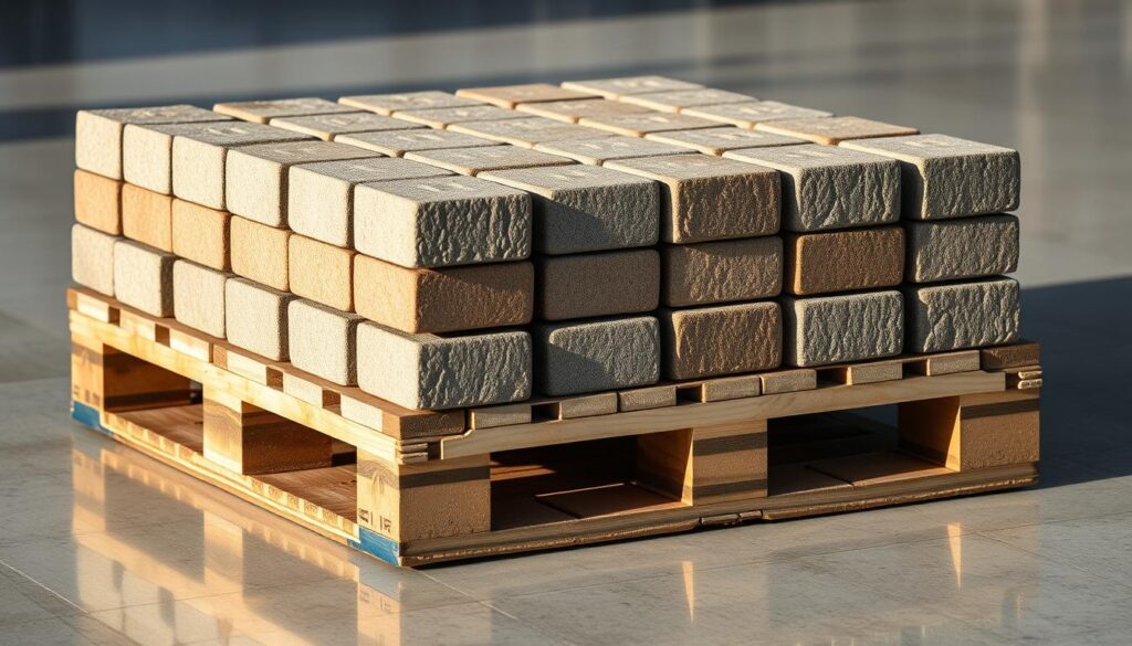 A high-resolution close-up photograph of a single pallet of interlocking concrete pavers, commonly known as "waga palety kostki brukowej". The pavers are arranged in a uniform grid pattern, each paver displaying a natural stone-like texture and earthy color tones. The pallet is positioned on a smooth, reflective surface, allowing for clean shadows and highlights to accentuate the dimensional aspects of the pavers. The lighting is soft and diffused, creating a serene and contemplative atmosphere, emphasizing the sturdy, durable nature of the paving material. The frame is tightly cropped, filling the frame with the details of the pallet, providing a clear visual reference for the weight and scale of a single pallet of these concrete pavers.