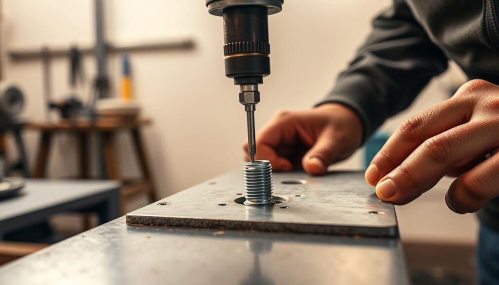 A high-resolution, detailed image of a person drilling a precisely-measured hole in a metal surface, with the intent of creating a threaded opening for an M10 bolt. The scene is lit with a combination of warm, directional task lighting and cooler ambient illumination, creating a sense of focus and depth. The foreground shows the drill bit, the workpiece, and the user's hands and tools in sharp focus, while the background gradually blurs into a clean, minimalist workshop environment. The mood is one of skilled, methodical craftsmanship, with a technical, engineering-focused atmosphere.