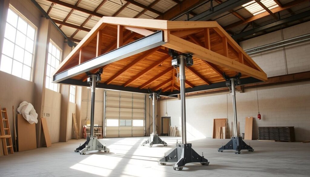 A hydraulic roof support system, with sturdy metal beams and telescopic hydraulic jacks, lifts a heavy wooden roof structure in a well-lit industrial workshop. The jacks are positioned strategically, their chrome surfaces gleaming, ready to gradually raise the roof. The space is clean and organized, with concrete floors and neutral-toned walls, creating a sense of precision and control. Sunlight streams in through large windows, casting warm, directional lighting that emphasizes the mechanical elements. The overall scene conveys a methodical, step-by-step process of lifting the roof without disassembly, as described in the article's "Hydraulic Roof Support" section.
