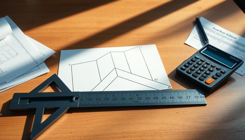 A neatly arranged workspace with a wooden drafting table, architectural plans, and a calculator. Crisp lighting illuminates the scene, casting subtle shadows that accentuate the angles and dimensions of the roof diagram. In the foreground, a protractor and ruler lie ready to meticulously measure the roof's slope, while a digital display shows the corresponding percentage. The overall atmosphere conveys a sense of precision, efficiency, and a practical approach to the task at hand.
