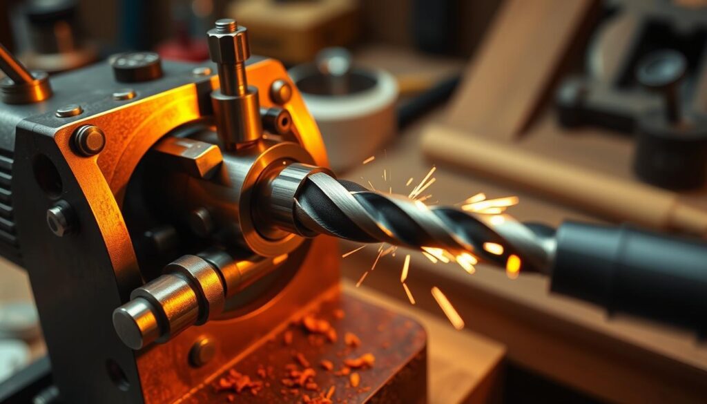 A well-crafted device for sharpening drill bits, illuminated by warm studio lighting and captured from a slightly elevated angle. The foreground showcases the intricate mechanism, with precision-machined components and a sturdy metal construction. The middle ground features the drill bit being sharpened, with sparks and shavings visible. The background subtly suggests a workshop environment, with hints of tools and materials. The overall composition conveys a sense of functionality, craftsmanship, and attention to detail, perfectly illustrating the subject of "How to make a drill bit sharpening device".