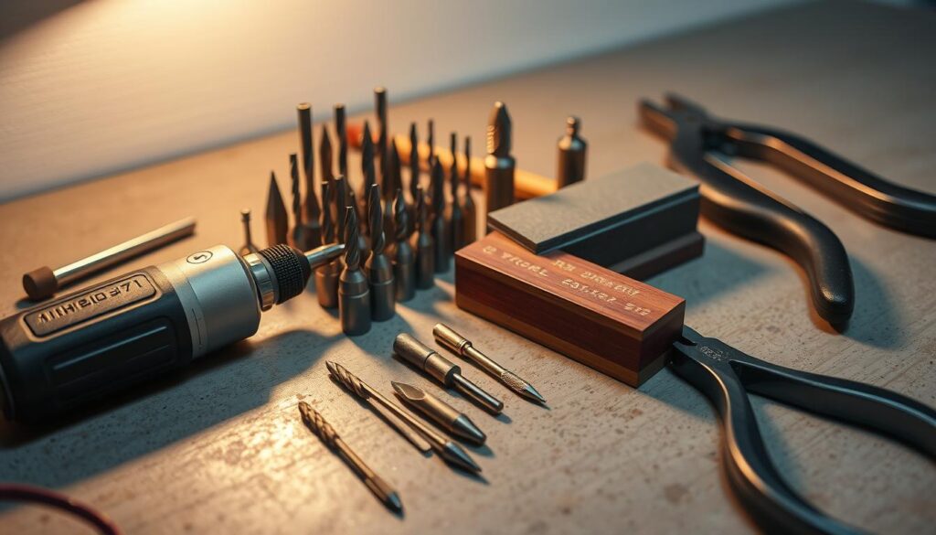 A workbench with a collection of precision tools neatly arranged, including a high-speed rotary tool, various drill bits, a sharpening stone, and a set of pliers. The tools are illuminated by a warm, focused light, casting soft shadows and highlighting their metallic surfaces. The background is a clean, neutral workspace, emphasizing the tools as the central focus. The overall mood is one of meticulous craftsmanship, with the tools conveying a sense of utility and professionalism required for the task of sharpening drill bits.