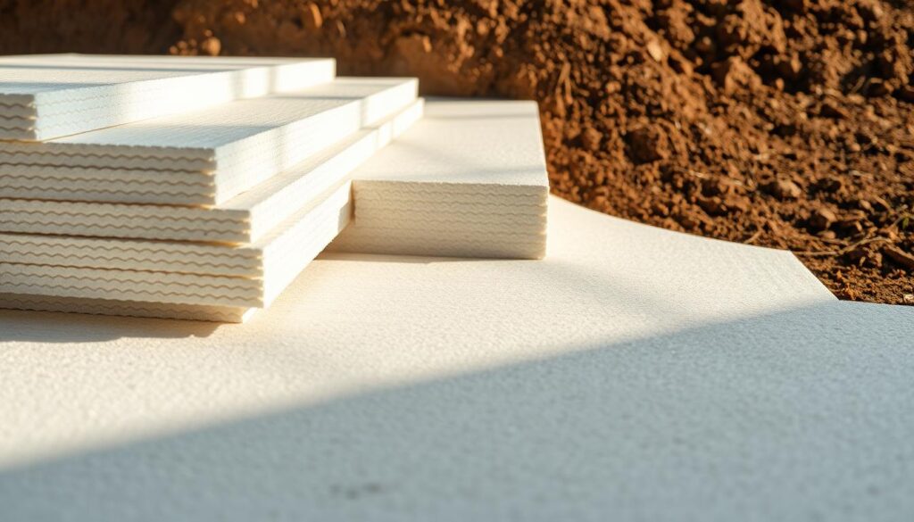 An intricate cross-section of a solid foundation, the ground gently sloping towards the viewer. The scene is illuminated by soft, diffused natural light, casting long shadows that accentuate the textured surface of the styrofoam insulation. In the foreground, the styrofoam panels are precisely stacked, their clean edges and uniform thickness creating a sense of order and purpose. The middle ground reveals the concrete foundation, its rough surface juxtaposed against the smooth, synthetic material. In the background, the earth surrounding the foundation is depicted in rich, earthy tones, hinting at the stability and durability of the overall structure. The composition conveys the importance of proper insulation in maintaining the integrity and energy efficiency of the building's foundation.