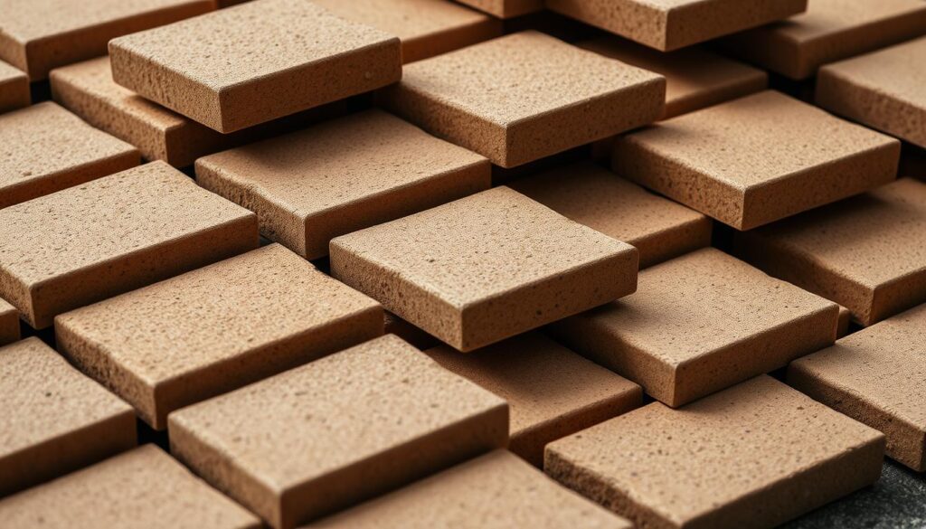 Detailed close-up view of a pile of interlocking concrete paving stones, or "pod kostkę brukową", arranged in an orderly pattern. The stones are a warm, earthy beige color and have a textured, slightly pitted surface. The lighting is soft and diffused, creating subtle shadows that accentuate the geometric shapes and surfaces. The background is blurred, placing the focus entirely on the materials and their physical properties. The overall composition conveys a sense of durability, precision, and the careful selection of construction materials.