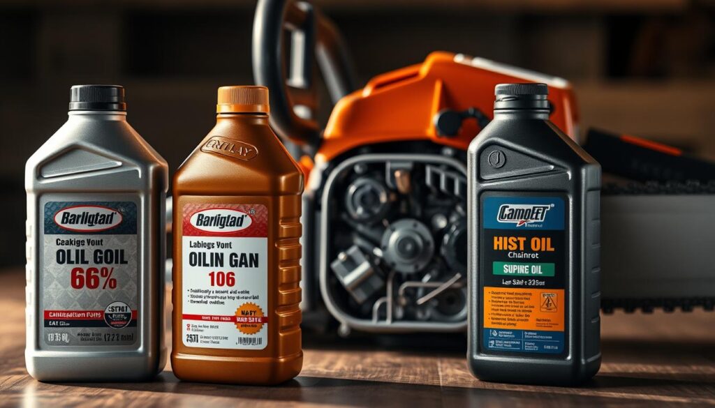 Detailed comparison of various chainsaw lubrication oils. Three bottles of different engine oils arranged in the foreground, with a detailed cross-section view of a chainsaw's internal components and lubrication points in the middle ground. Soft, warm lighting illuminates the scene, highlighting the textures and details of the oils and chainsaw parts. Muted, earthy color palette conveys a professional, technical atmosphere. High-resolution, photorealistic style to showcase the nuances of the oils and chainsaw mechanics.