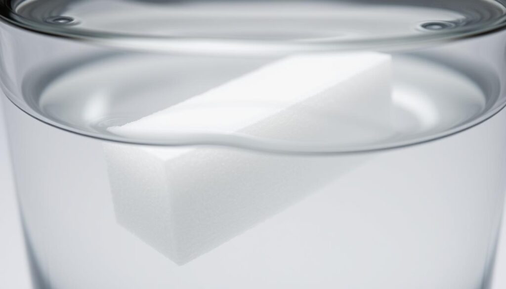 A close-up shot of a piece of polystyrene foam, or styrofoam, gently immersed in a clear glass of water. The styrofoam's surface texture is rendered in fine detail, with subtle gradients and highlights reflecting the movement of the water. The water appears calm and still, creating a tranquil, meditative atmosphere. Soft, diffuse lighting illuminates the scene, casting subtle shadows and highlights that accentuate the form and materiality of the styrofoam. The overall composition is balanced and centered, drawing the viewer's attention to the interaction between the water and the styrofoam, inviting them to ponder the relationship between these two elements.