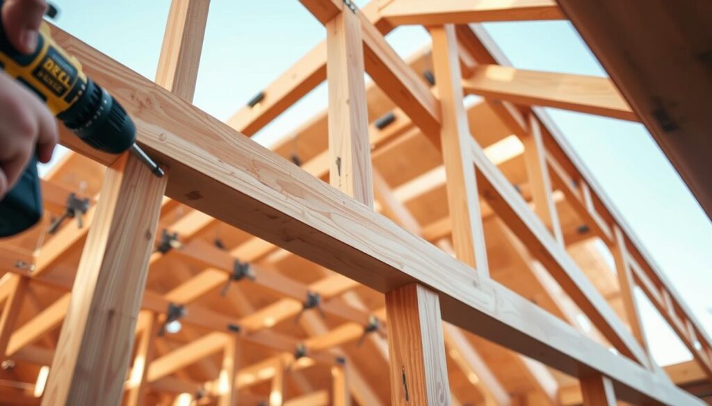 A close-up view of a construction site, showcasing the assembly of a support beam beneath a roof truss. The scene is bathed in warm, natural light, highlighting the intricate process of aligning and securing the beam in place. The frame captures the various tools and materials used, such as a power drill, clamps, and wooden blocks, creating a sense of the hands-on, technical nature of the task. The background is slightly blurred, keeping the focus on the precise, step-by-step installation of the supporting beam, which is the central subject of the image. The overall composition conveys a sense of careful attention to detail and the expertise required for this critical step in roof construction.