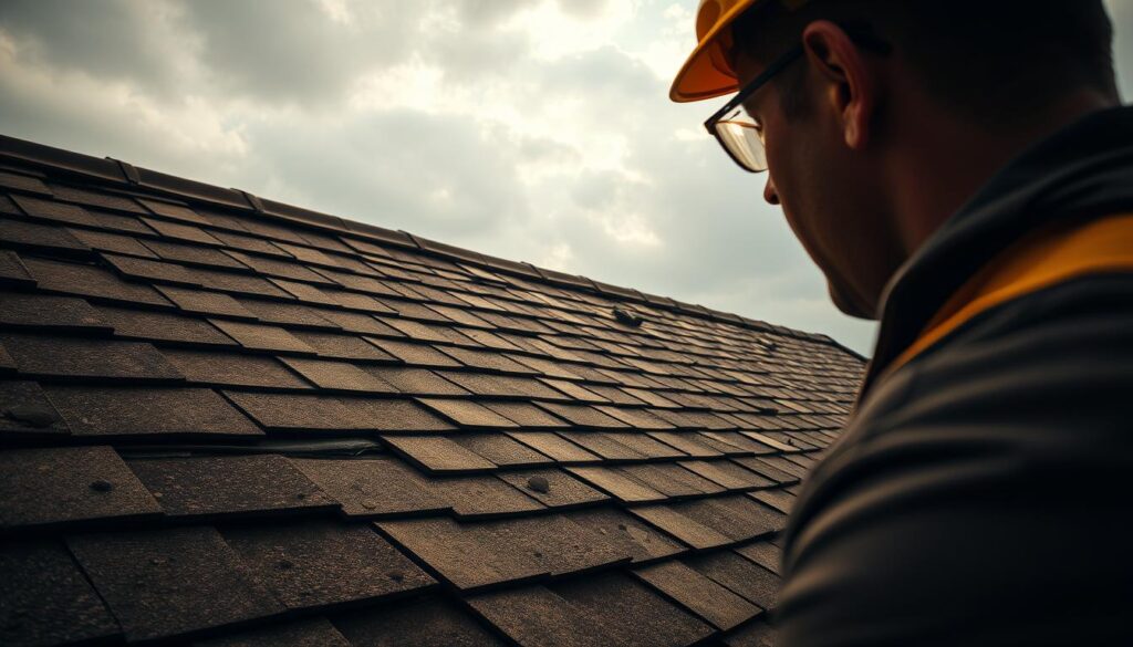 A complex roofing task unfolding before a skilled roofer's gaze. In the foreground, intricate patterns of shingles and tiles covering a steep-pitched roof, each piece meticulously laid. The middle ground reveals the challenges of navigating narrow eaves and intricate flashing details, requiring precise movements and expert craftsmanship. In the background, a cloudy sky casts a pensive mood, hinting at the technical demands and physical exertion involved in this roofing project. Warm, directional lighting illuminates the scene, casting shadows that accentuate the dimensional complexity of the work. The overall composition conveys the nuanced expertise and diligent focus required to successfully complete this specialized roofing task.