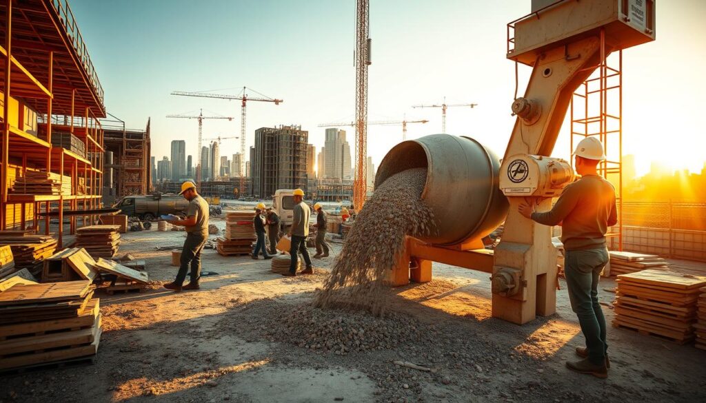 A construction site bustling with activity, workers diligently mixing concrete in a large industrial mixer. The scene is illuminated by warm, golden sunlight, casting long shadows across the ground. The mixer's blades churn the mixture, creating a hypnotic rhythm as the concrete takes shape. In the foreground, a worker carefully monitors the consistency, ensuring the perfect blend of sand, cement, and aggregates. The background is dotted with construction materials, scaffolding, and the silhouettes of towering buildings in the distance, hinting at the larger project this concrete will be a part of. The overall atmosphere conveys a sense of precision, efficiency, and the collective effort required to bring a construction endeavor to life.