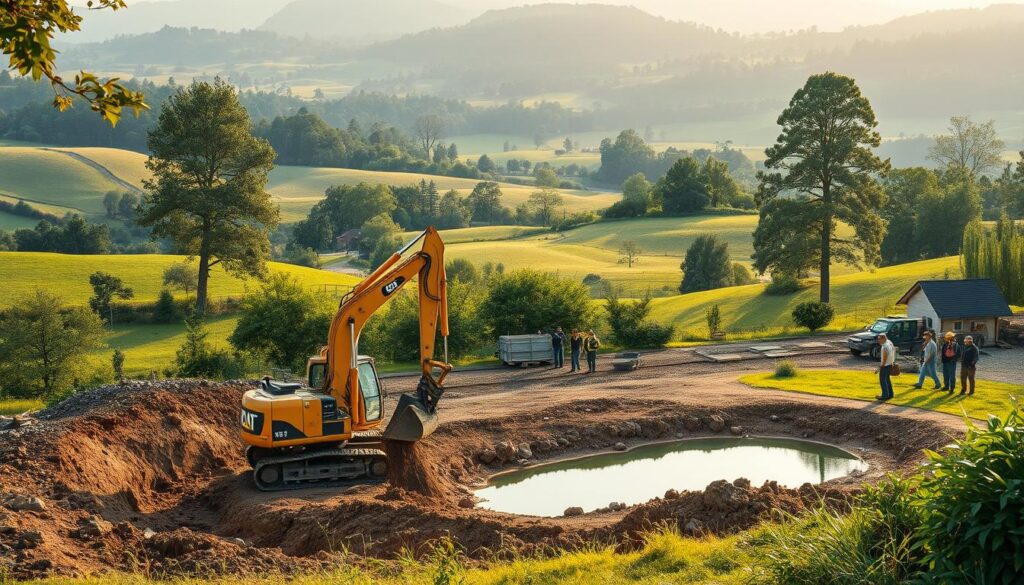 A construction site nestled in a lush, verdant landscape. In the foreground, a skilled operator expertly maneuvers an excavator, carefully scooping out the earth to create the foundation for a tranquil pond. In the middle ground, a team of workers collaborates, selecting the appropriate materials and equipment to ensure a seamless and efficient build. The background features a picturesque countryside, with rolling hills, towering trees, and a warm, golden light filtering through the scene, conveying a sense of harmony and natural beauty. The composition emphasizes the importance of careful planning, expert execution, and the harmonious integration of man-made structures with the surrounding environment.