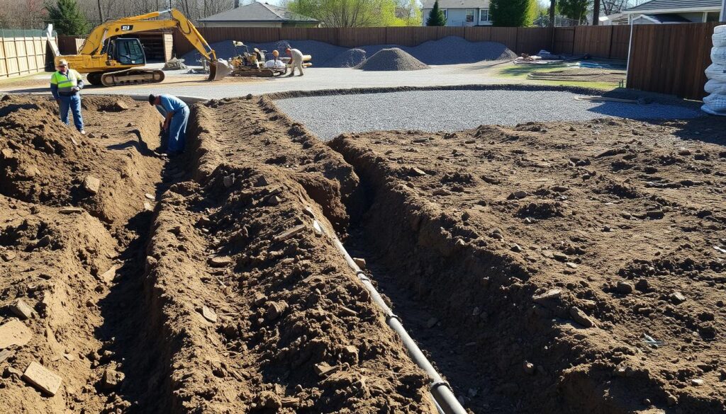 A construction site with a focus on the preparation of the ground for a gravel driveway. In the foreground, workers are digging trenches and laying drainage pipes, ensuring proper water management. The middle ground showcases the compaction and leveling of the soil, creating a stable foundation. In the background, piles of gravel and construction equipment stand ready for the next phase of the project. The scene is illuminated by natural sunlight, casting long shadows and highlighting the textures of the soil and materials. The overall atmosphere conveys a sense of organized progress, with attention to detail and functionality guiding the preparation process.