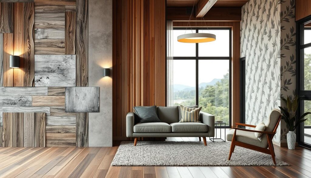 A cozy and harmonious interior featuring a mix of natural materials and geometric patterns. In the foreground, a feature wall showcases intricate, overlapping textures - weathered wood panels, sleek concrete tiles, and delicate botanical wallpaper. Soft lighting from sconces and a minimalist pendant casts a warm glow, creating an inviting atmosphere. In the middle ground, a mid-century inspired sofa and armchair in complementary hues sit atop a plush area rug, echoing the layered design. The background reveals large windows framing a serene outdoor landscape, blending the indoor and outdoor spaces. The overall composition exudes a sense of balance, creativity, and modern sophistication.