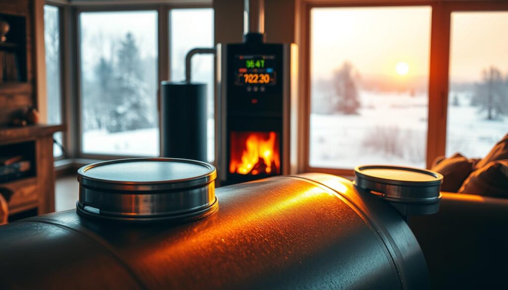 A cozy home interior bathed in warm, golden light from a crackling fireplace. In the foreground, a detailed illustration of a fuel oil tank, its metallic surface gleaming. Behind it, a sleek, modern heating system, its digital display showing energy consumption data. In the background, a panoramic view of a snowy winter landscape through large windows. The room exudes a sense of comfort and efficiency, reflecting the practical realities of heating a home with fuel oil.