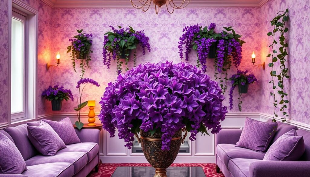 A cozy, inviting interior space, bathed in soft, warm lighting. The walls are adorned with a delicate pattern of intricate, amethyst-hued floral motifs, complemented by plush, lavender-toned furnishings. In the center, a large, ornate vase overflows with a vibrant bouquet of lush, velvety purple blooms, their petals cascading gracefully. Lush, trailing vines of deep violet hues spill from wall-mounted planters, adding a sense of natural, organic beauty. The overall atmosphere is one of serene, sophisticated elegance, drawing the viewer into a tranquil, yet captivating, world of "fioletowe inspiracje w dekoracji przestrzeni".