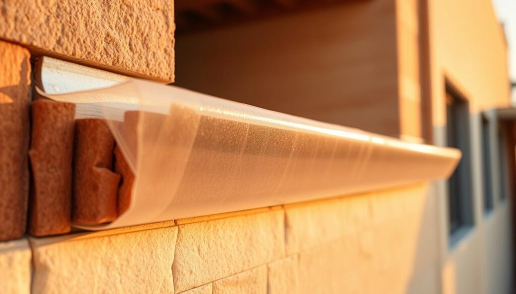 A cross-section of a building wall in a warm, golden-hued lighting, showcasing the intricate role of a moisture-resistant membrane. The foreground features the membrane, its semi-transparent texture meticulously detailed, seamlessly integrated with the insulation material beneath. The middle ground reveals the layered construction, highlighting the membrane's strategic placement to protect the wall from moisture infiltration. The background subtly hints at the surrounding architectural elements, providing context without distracting from the focal point. The overall composition conveys the technical yet visually appealing nature of this crucial component in building envelope design.