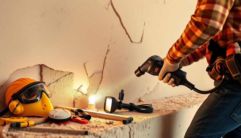 A detailed analysis of stucco removal costs, showcasing a meticulously rendered scene. In the foreground, a construction worker wielding a pneumatic chisel skillfully removes layers of plaster, exposing the underlying wall structure. The middle ground features a range of tools and equipment, including a dust mask, protective goggles, and a work light, emphasizing the importance of safety and precision. In the background, a well-lit, minimalist interior setting serves as the backdrop, allowing the focus to remain on the cost-analysis process. Warm, natural lighting illuminates the scene, creating a sense of depth and atmosphere. The overall composition conveys a professional, informative tone suitable for the article's subject matter.