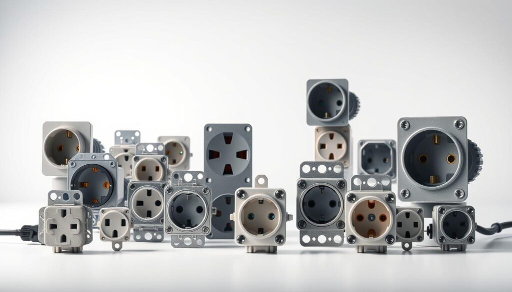 A detailed and technical illustration of various types of industrial power sockets, showcased in a well-lit studio setting. The foreground features a range of power outlets in different shapes, sizes, and configurations, meticulously rendered with a sharp focus and accurate proportions. The middle ground includes a clean, white backdrop, allowing the sockets to stand out prominently. The background subtly suggests a professional, industrial environment, with subtle shadows and reflections adding depth and realism to the scene. The lighting is soft and even, creating a sense of clarity and emphasis on the technical details of the power sockets. The overall mood is one of precision, functionality, and technical expertise, reflecting the subject matter and its importance in the context of the article.