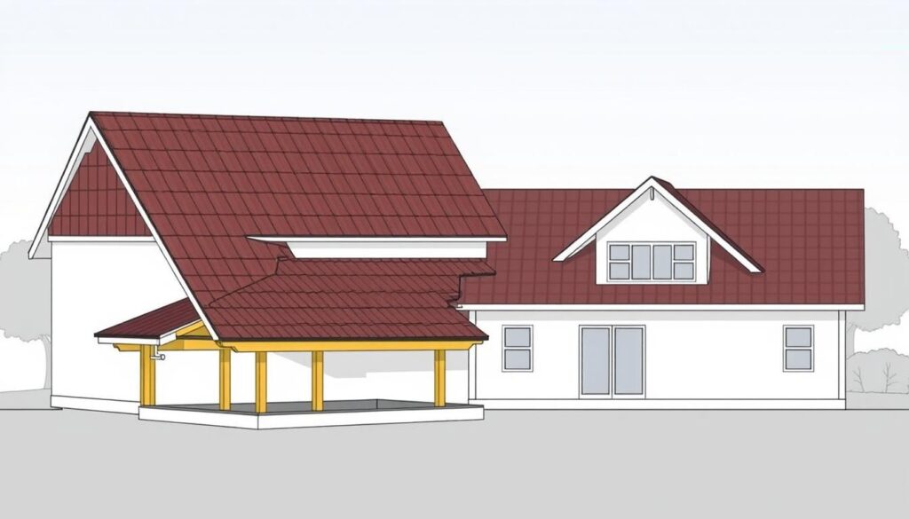 A detailed architectural diagram showcasing the pros and cons of a 30-degree roof pitch. Rendered in a clean, technical style with precise line work and subtle shadows. The foreground displays a cross-section of the roof structure, highlighting the angles, materials, and construction details. The middle ground depicts the exterior view, emphasizing the aesthetic appeal and practical applications of this roof design. The background features a minimalist landscape setting to provide context. The overall mood is informative and analytical, guiding the viewer through the key advantages and disadvantages of a 30-degree roof pitch.