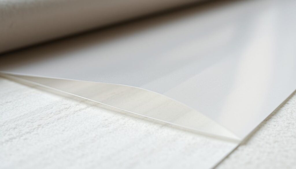 A detailed close-up view of a plastic sheet, showcasing its thickness and texture. The film has a matte, semi-transparent appearance, with subtle reflections on its surface. The lighting is soft and even, creating a calm, informative atmosphere. The focus is sharp, emphasizing the precise measurement of the film's depth, conveying its importance as insulation material beneath styrofoam panels. The composition places the film in the center, allowing the viewer to clearly study its characteristics. The background is out of focus, keeping the attention on the primary subject.