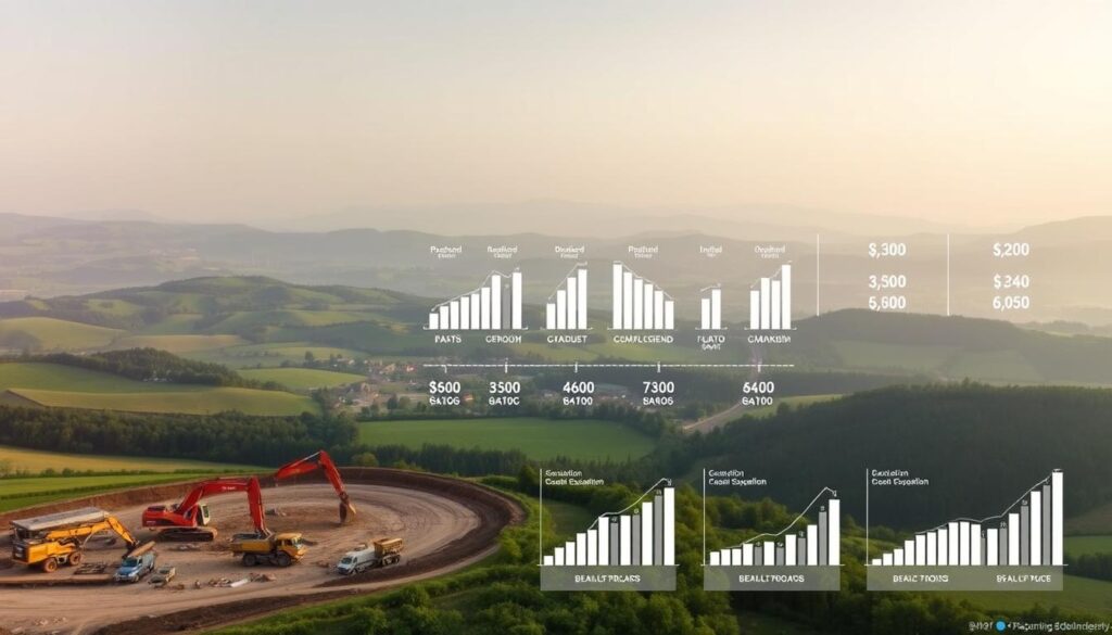 A detailed comparison of earth excavation prices across different regions of Poland. A panoramic landscape view showing rolling hills, lush greenery, and industrial sites. In the foreground, a large construction site with excavators and dump trucks, highlighting the earthmoving process. In the middle ground, a series of charts and graphs displaying price data for various regions, rendered in a clean, infographic style. The background features a hazy, atmospheric sky with soft lighting, creating a sense of scale and depth. The overall composition conveys the scale and diversity of the earth excavation industry across the country.