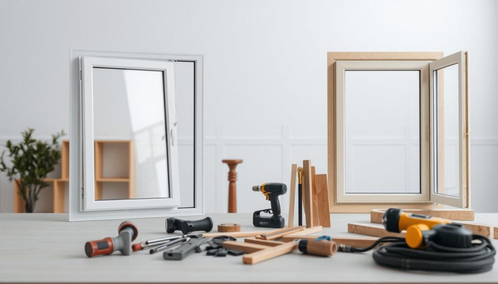 A detailed comparison of window installation methods, showcased in a clean, minimalist composition. In the foreground, a close-up view of two window frames, one mounted using traditional methods, the other with modern techniques. The middle ground features a selection of tools and materials used in each approach, meticulously arranged. The background depicts a neutral, softly lit interior setting, allowing the central elements to take center stage. The overall atmosphere conveys a sense of professionalism and technical expertise, suitable for an educational article on the subject.