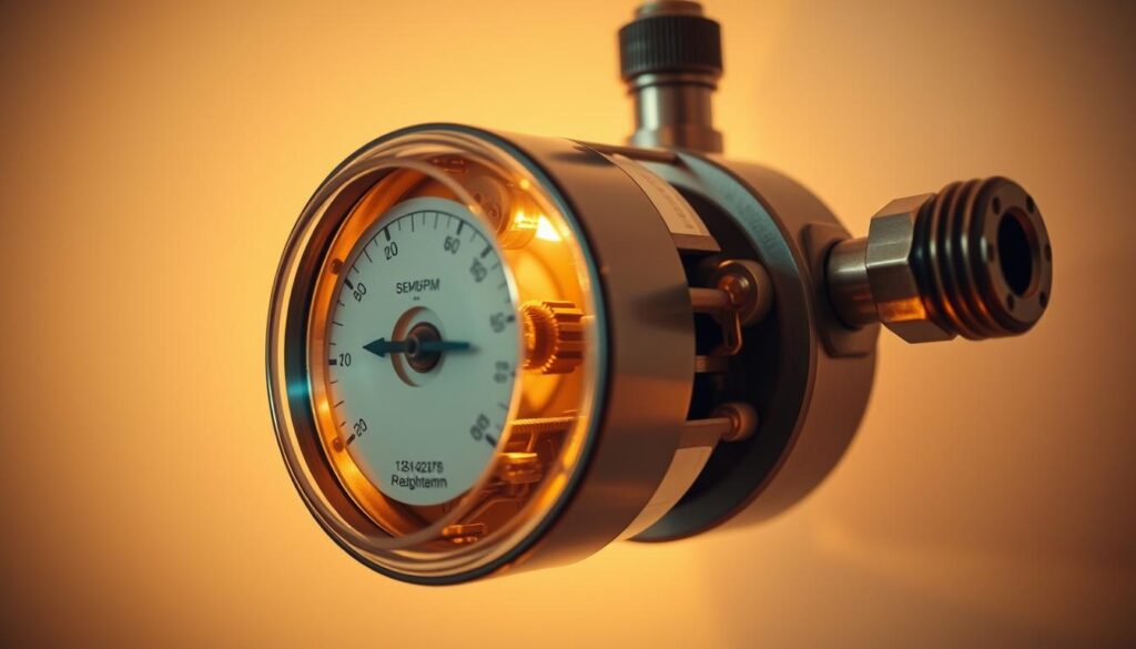 A detailed cross-section of a residential gas meter, illuminated by warm, diffused lighting. The meter's inner workings are clearly visible, including the diaphragm, gears, and dials. The foreground showcases the meter's casing, with intricate metalwork and a polished finish. The middle ground reveals the meter's connections to the gas supply line and the building's plumbing. The background features a neutral, uncluttered environment, allowing the viewer to focus on the device's construction and operating principles.