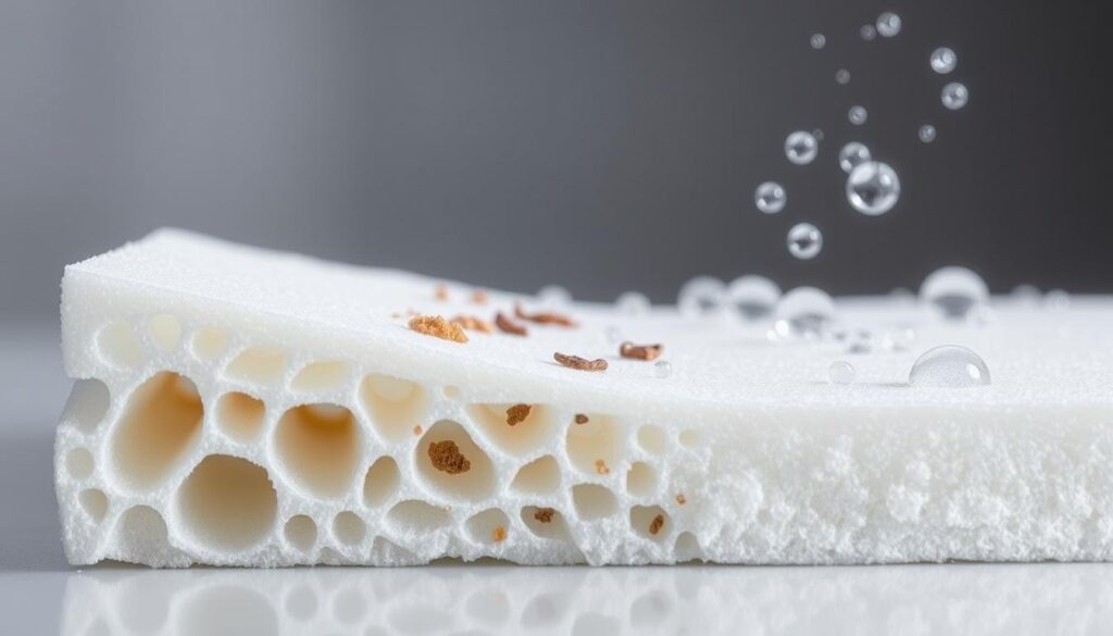 A detailed cross-section of expanded polystyrene (EPS) foam, showcasing the factors that increase its water absorbency. The foreground displays the foam's intricate cellular structure, with visible air pockets and interstices that can trap moisture. In the middle ground, various contaminants and impurities are depicted, such as dust, debris, and manufacturing residues, which can compromise the foam's water resistance. The background features a moist environment, with beads of condensation and droplets forming on the surface, illustrating the conditions that exacerbate water absorption. The scene is lit with a soft, diffused light that emphasizes the material's texture and highlights the subtle changes in its appearance as it becomes saturated. The overall mood conveys the scientific and educational nature of the subject matter.