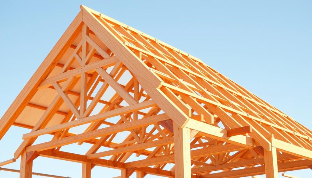 A detailed cross-section of various roof truss systems, showcasing the key structural elements and design principles behind a 30-degree pitched roof. Highlighted in a warm, natural lighting, the image displays the intricate arrangements of beams, struts, and support members that form the backbone of a well-engineered roof structure. The composition emphasizes the elegant geometry and functional beauty of these roof framing techniques, providing a visually compelling reference for understanding the essential construction details of a 30-degree roof design.